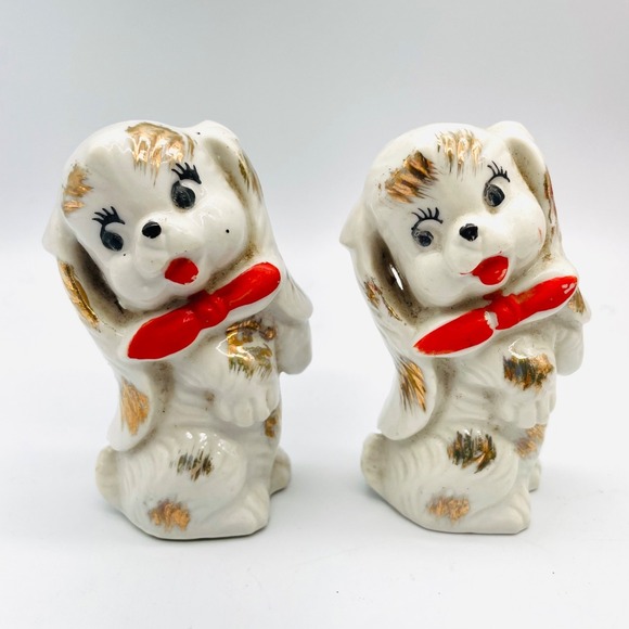 Other - Vintage Japan Puppy Dog Figurine Set Gold Gilt Red Bow Tie 3.5" Anthropomorphic